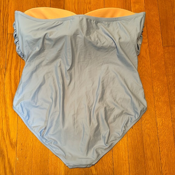 Reimagined by J Crew ruched bandeau one piece bathing suit in Pale Seascape - Picture 3 of 15